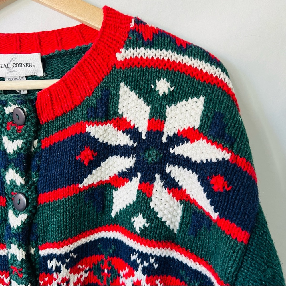 Vintage 90s Ski / Snowflake Holiday Red and Green Cardigan by Casual Corner - Picture 7 of 10